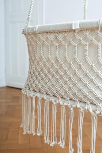 kikadu Hängewiege, Handgeknüpfte Makramee-Babywiege mit 100% GOTS Bio-Baumwoll Inlet, 82 x 46 x 32 cm, Sicht- & Zugschutz, sanft schaukelnd & beruhigend, bis ca. 5 – 6 Monate