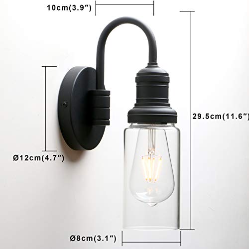 Image of PERMO Industrial Vintage Sconce Black Sconce with 3.1 inch Cylindrical Clear Glass Shade Wall Mount Light Fixture for Living Room Bathroom Entertry
