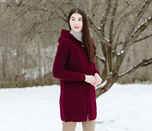 Image of SAOL 100% Merino Wool Aran Irish Cardigan for Women with Pockets, Hood and Celtic Zipper