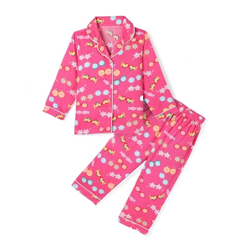 Image of Girls Premium Cotton Full Sleeves Printed Nightsuit Set | Collar Style Night Dress for Girls | Soft & Breathable Pajama Set | Trendy Kids Sleepwear & Nightwear