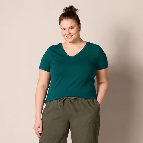 Amazon Essentials Camiseta de Manga Corta y Corte Estándar (Opciones de Cuello Redondo y Cuello en V) Mujer, Pack of 2, Verde Oscuro/Azul Celeste Claro, M