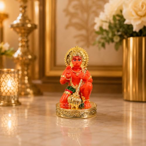 Image of Gold Art India Hanumanji Sitting with Gada Gold Plated Hanuman Statue for Car Dashboard, Hanuman ji murti for Home Decor, Office Shelves, and Gifts