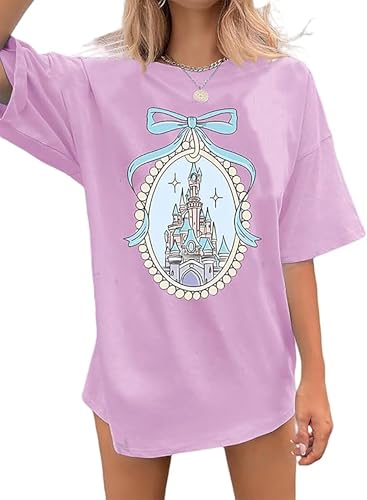 jusgai Magic Kingdom Tshirts for Women Cute Castle Shirt Oversized Bows Graphic Tee Family Vacation Short Sleeve Tops(Purple,X-Large)