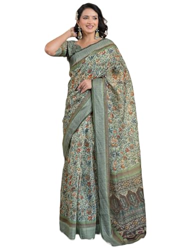 Image of Satrani Women's Linen Printed & Embroidery Ready To Wear Saree with Unstitched Blouse Piece