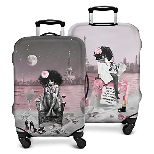 African American Black Girl Luggage Protective Cover Pink and Black Beach Paris Eiffel Tower Suitcase Cover Fit 22-24 Inch Luggage2