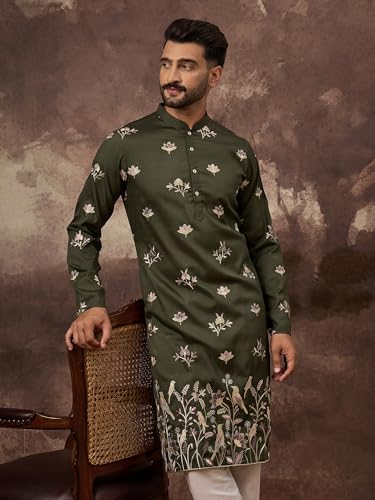 Image of Men's Calf Length Silk Blend Embroidered Solid Kurtas | Men | Kurtas for Mens | Straight Fit Kurta for Men's
