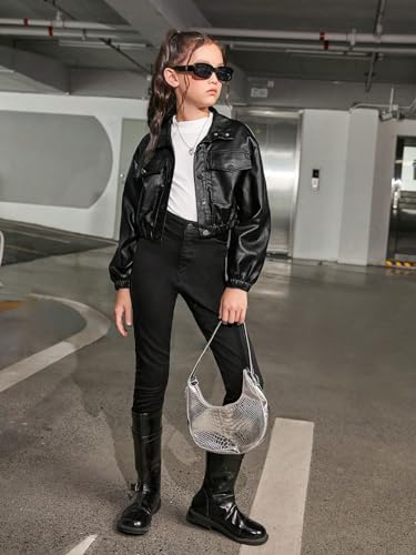 Floerns Girl's Long Sleeve PU Leather Flap Pocket Button Front Jacket Coat4