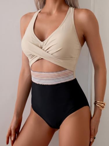 Image of B2prity Women's One Piece Swimsuit Tummy Control High Waisted Bathing Suit | Color Block,Removable Soft Cups,Cutout,V neck,Full Coverage,Adjustable Criss Cross Straps,Tie Back