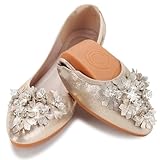 KUNWFNIX Women Ballet Flats Pearl Rhinestone Wedding Ballerina Shoes Foldable Sparkly Comfort Slip on Flat Shoes