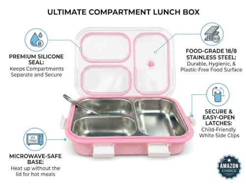Image of Stainless Steel Lunch Box 3 Compartment with Spoon Leakproof Tiffin Box for Kids Adults Office School | Food Grade Rust Free Metal Dabba Storage Container Pink