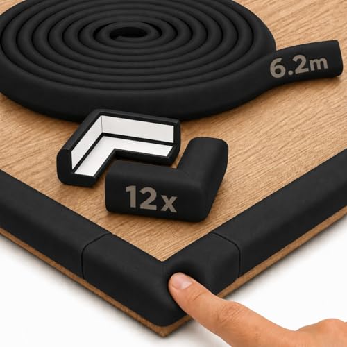 Hoffenbach Protection en Mousse pour Bords & Coins – Bande de Sécurité 6,2 m pour Table & 12x Coussins d’Angle – Lit Bébé – Adhésifs Antichoc –...