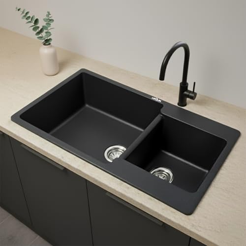 Image of ARQUIN Double Bowl Quartz Kitchen Sink 34x20x9 Inch Black | Durable & Scratch-Resistant Sink | Undermount,Topmount | Including Coupling,Sink Connector,Waste Pipe & Fruit Washing Basket