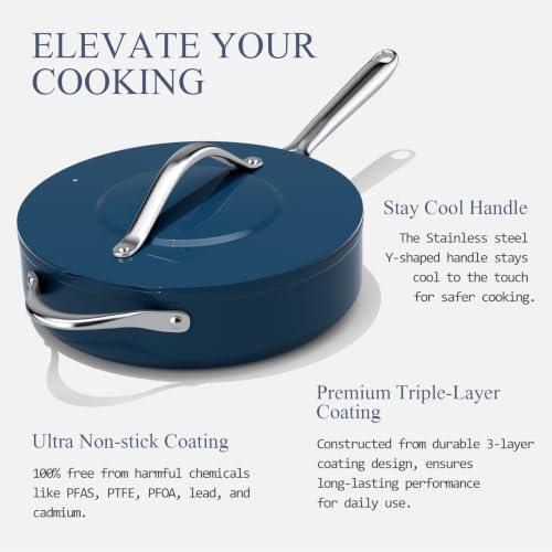 Image of CookinCraze 4.5 QT Ceramic Saute Pan with Lid, Nonstick Deep Frying Pan