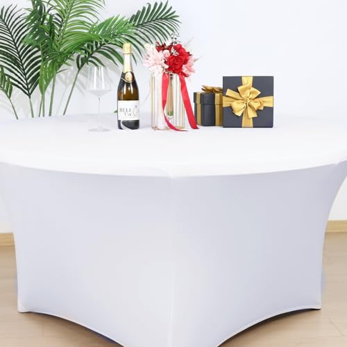 Image of Fixwal 4 Pack 60 Inch Round Tablecloth, Fitted Spandex Round Table Cloths - Washable White Stretchable Table Cover, Elastic Fabric for Wedding, Party, Restaurant, Christmas, Thanksgiving