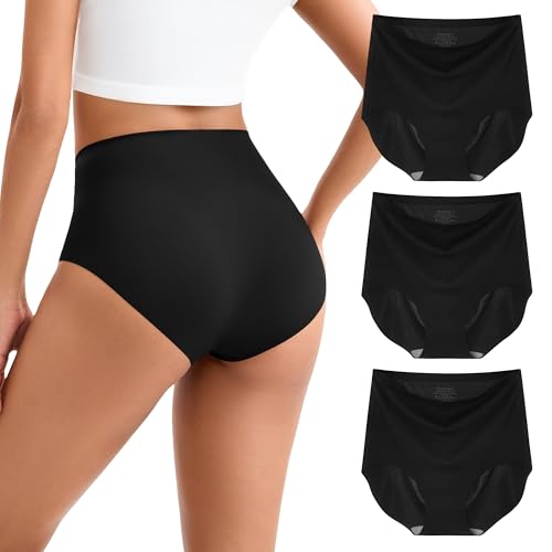 INNERSY Women's Seamless Underwear No Show Quick Dry High Waisted Panties 3-Pack(Medium,Black)