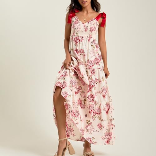 Image of Women Y2k Boho Maxi Dress Tie Shoulder Backless Strappy Tiered Flowy Dress 2024 Summer Floral Beach Sundress