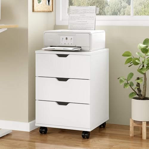 Image of Farini 3-Drawer Under Desk Wooden File Storage Cabinet with Lockable Caster for Home Office,White,Fully Assembly
