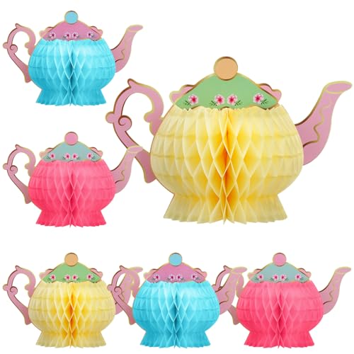 Jetec 6 Pcs Tissue Teapot Centerpiece Floral Tea Party Honeycomb Spring Teapot Table Centerpieces for Princess Birthday Party Women Baby Shower Decorations