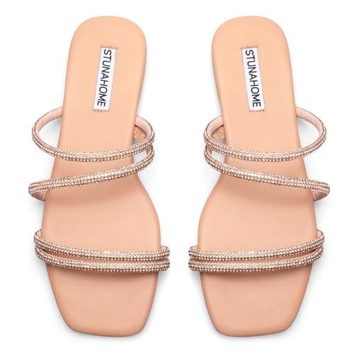 STUNAHOME Women's Rhinestone Thong Flat Sandals Open Toe Slide Sandals with Square Toe Bling Strap 6