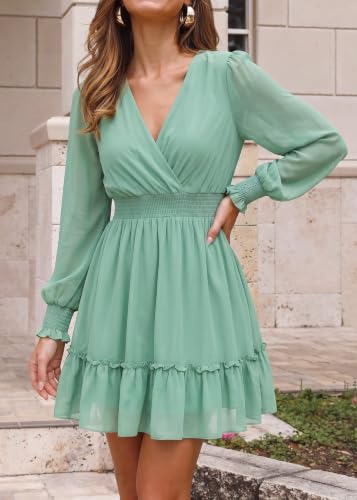 Image of Prettywear Women's Chiffon Long Sleeve Wrap Neck Wedding Guest Mini Dress | Wrap V Neck Smocked Waist Flowy Dress, Spring Fall Outfits for Cocktail, Vacation, Date Night Party