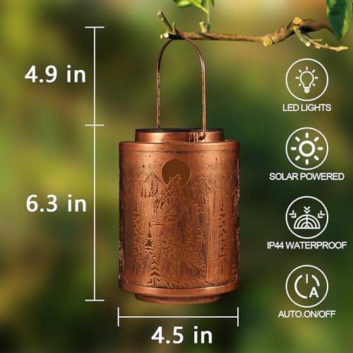 Image of Solar Lanterns Garden Decor Birthday Gifts for Women Mon Grandma Metal Hanging Solar Lights Waterproof Outdoor Decoration for Outside LED Lanterns for Yard Patio Lawn Pathway(Wolf)
