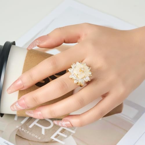 Kokoma Floral Crystal Statement Ring Cubic Zirconia Flower Ring Adjustable Promise Engagement Rings Wrap Finger Band Fashion Jewelry Comfort Fit3