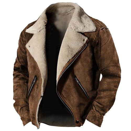 Men's Fleece Jacket Suede Faux Fur Collar Jacket Sherpa Lined Lapel Coat Heavyweight Leisure Winter Coat Outwear