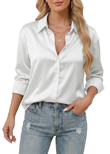 Stamain Chemisier Femme Satin V La Soie Élégante Blouse Chic Manches Longues Chemise Boutons Ample Manches Longues Chemisier Top Blanc XL