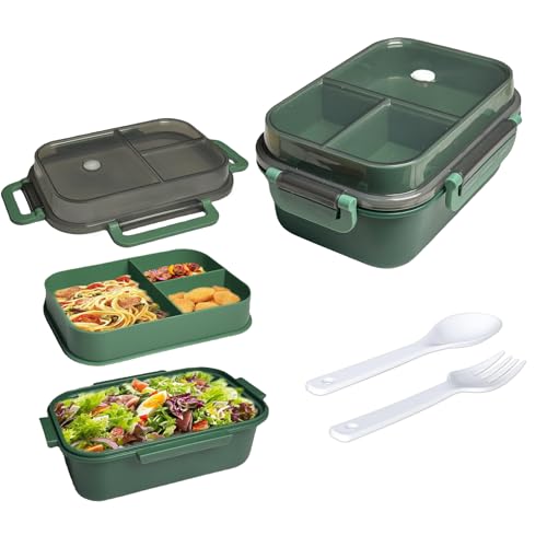 Echehi Portable Lunch Boxes, 2 Layers All-in-One Stackable Lunchbox Utensil Set, Leak-Proof Lunchbox for Dining Out, Work, Picnic. Green