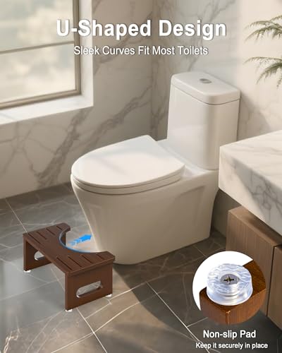 Image of Foldable Toilet Stool, 7 Inches Bamboo Toilet Stool Squat for Adults, Collapsible Poop Stool for Bathroom, Potty Step Stool with Non-Slip Strip (Tawny)