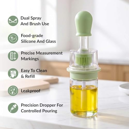 Image of Nestasia 2 in 1 Glass Oil Spray & Brush Bottle for Kitchen (180 ml) - Separate Silicone Brush & Oil Storage Compartments with Dropper | Leakproof Oil Container for Cooking, Baking, Marinating & BBQ
