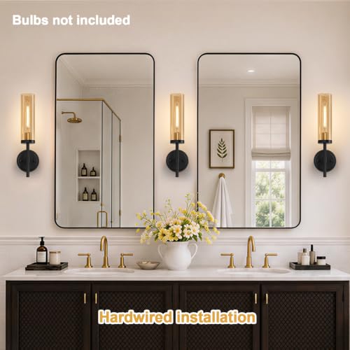 Image of MOKATNG Hardwired Wall Sconces Set of Two, Black and Gold Bathroom Sconces with Amber Glass, Modern Wall Light Fixtures for Bathroom Mirror Vanity, Living Room, Hallway, Stairway, Cabinet, Foyer