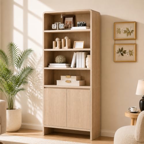 Image of AMERLIFE 71 inch Modern Wood Bookcase with Storage Cabinets, Nature Oak | 6 Tier Bookshelf, Large Space, Adjustable Shelves, Curved Design, Ideal for Living Room, Bedroom, Home Office, Easy Assembly