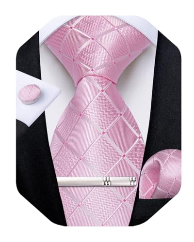 Image of DiBanGu Mens Silk Plaid Tie and Pocket Square Set | Elegant Silk Formal Tie Set, Woven Check Necktie and Cufflinks Tie Clip Set, Perfect for Wedding Party, Comes in Gift Box