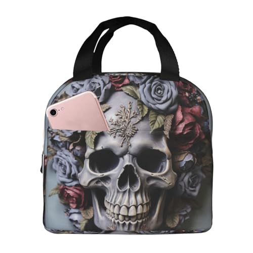 Wangxyozdp Bolsa de almuerzo aislada con diseño de calavera de esqueleto con estampado de flores para mujeres y hombres, bolsa de almuerzo con bolsillo frontal