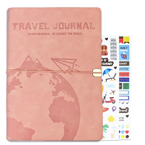 GoShambar Travel Journal for Women Men, Leather Travel Scrapbook Notebook & Adventure Book Travel Planner Memory Diary, Travel Gifts (Pink)