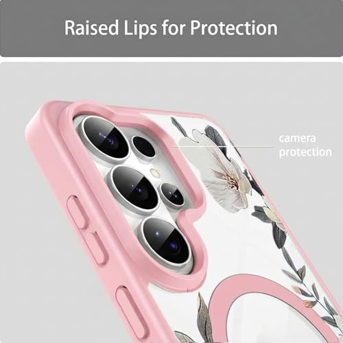 Image of VONZEE Compatible with Samsung Galaxy S26 Ultra 5G Case Luxury Retro Flowers Floral Clear for Magnetic Wireless Charging Case Shockproof PC+TPU Cute Glossy Shiny Cover for Girls Women, Pink