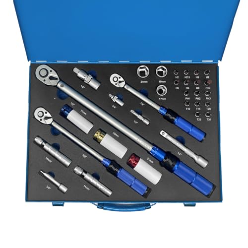 32Pcs Torque Wrench Set, 1/4 3/8 1/2-inch Drive Torque Wrench with Hex, Torx, Sockets, Extension Bar, Spark Plug Socket for Bike, Motorcycle, Car Spark (Blue Handle)