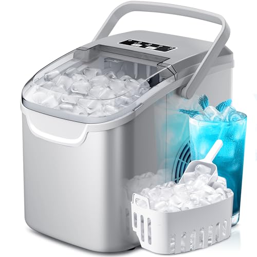 Portable Countertop Ice Maker Machine with Handle, 8 Bullet-Shaped Ice Cubes Ready in 6 Mins, 26Lbs/24H, Self-Cleaning Function with Ice Scoop and Basket for Home/Kitchen/Party (Grey)