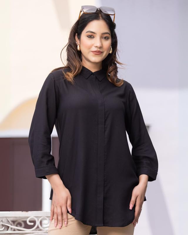Image of Mlada Hemline Solid Shirts for Women | 3 /4 Sleeves Classic Rayon Shirt for Office Wear | Collared Neck Shirt for Girls | Regular Fit Shirts | Smart Formal Button Down Shirt for Women