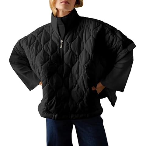 Fazortev Women's Puffer Poncho Pullover Quilted Jacket Short Sleeve Half Zipper Coat Cape Outerwear Cover