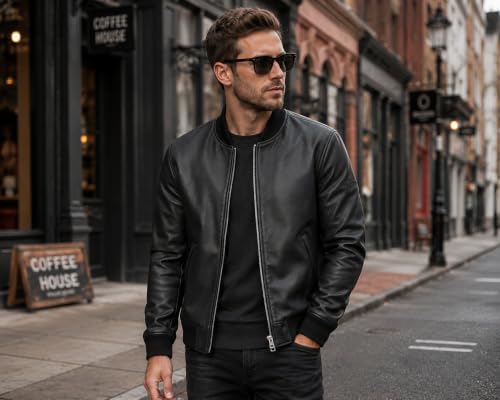 Men's Black Leather Bomber Jacket