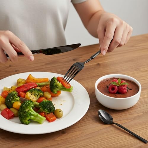 Image of 25 Pcs Black Cutlery Set for Dining Table the Perfect Lightweight Silim Handle Tableware Including Dinner Spoon, Dinner Fork, Dinner Knife, Dessert Spoon & Dessert Fork