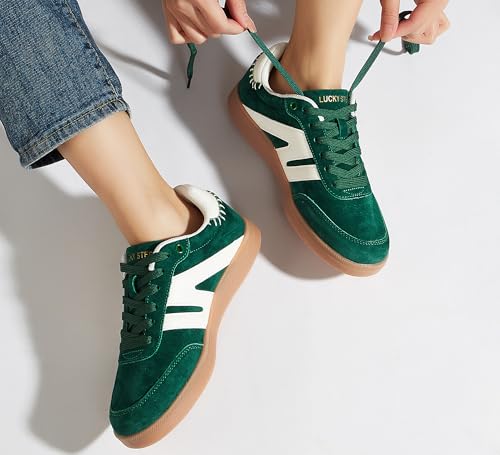Image of LUCKY STEP Women Retro Gum Sole Fashion Sneakers | Genuine Leather Classic Tennis Skate Walking Shoes Anti Slip Trainers