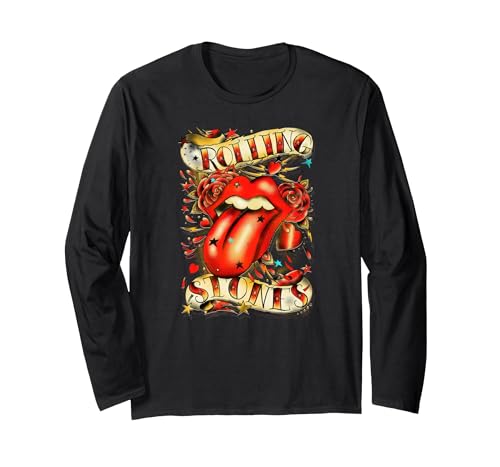 Image of Official Rolling Stones Old School Rose Tattoo Vintage Rock Long Sleeve T-Shirt, Adult Unisex, Black, Large