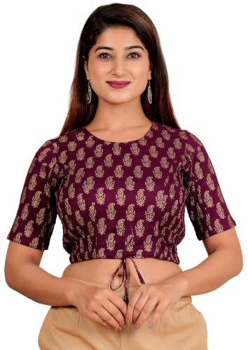 Image of Yash Gallery Women's Premium Fabric Printed Regular Fit Crop Blouse Round Neck Half Sleeve Drawstring Hem Casual Stylish Blouse