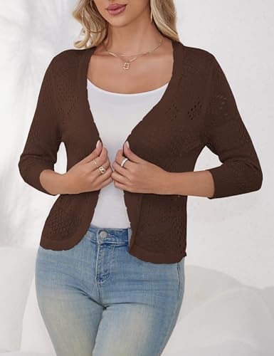 REDHOTYPE Women's 3/4 Sleeve Cardigan Open Front Cropped Shrugs Summer Hollowed Lightweight Cardigans Sweater,Coffee,Large3