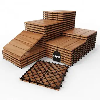 Solid Acacia Wood Interlocking Deck Tiles 12" x 12" (54 Pcs - 4 Slats, Golden)