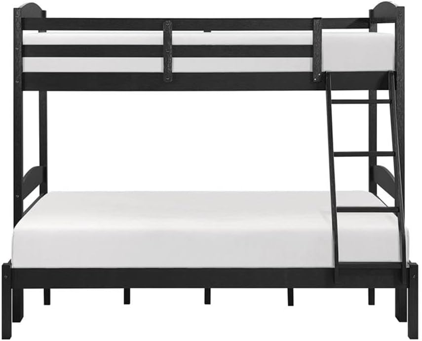 Pemberly Row Twin/Full Bunk Bed, Wire Brushed Black Finish, Asian Hardwood Construction, Integrated Slat System, Secure Guard Rails and Ladder, Stylish Space-Saving Design for Kids or Guest Bedrooms