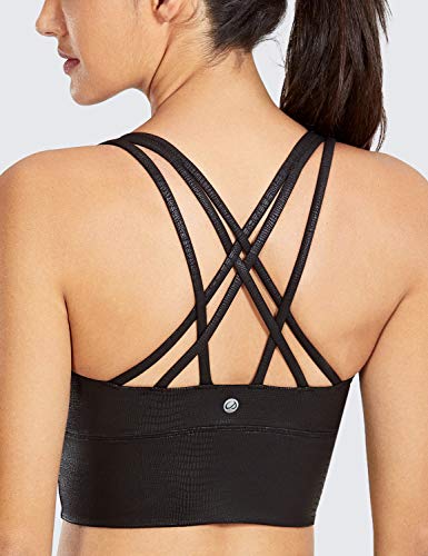 Crz Yoga Women's Longline Matte Faux Leather Sports Bras - Strappy Wirefree Padded Medium Impact Workout Crop Tank Top Faux Leather Black Lizard Medium #TOP1